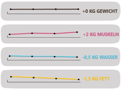 Philosophie der Ernährungsberatung mit Training in Bern: + 2 kg Muskeln, - 1.5 kg Fett, - 0.5 kg Wasser.